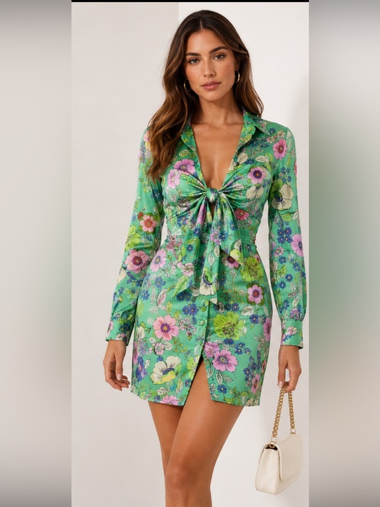 Zara Dresses & Skirts - NWT Zara Satin Floral Tie Front Mini Dress Green Size M